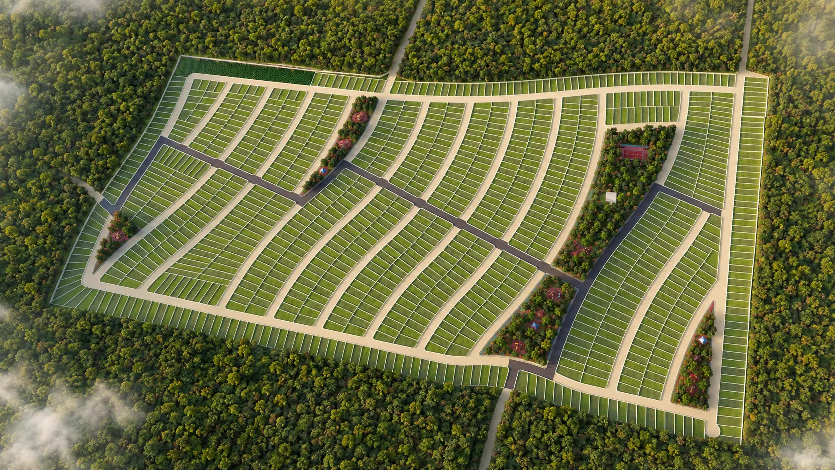 Vista aérea del masterplan de Brisas del Mayab con las manzanas de lotes rodeadas de selva